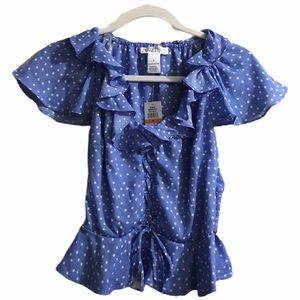 Peasant Coquette Polka Dot Blouse Shirt Top Cottagecore Ruffle Neck Coastal Boho